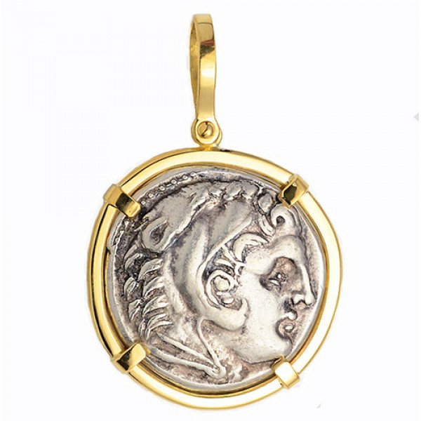 18kt Gold Pendant w Alexander the Great Ancient Greek Silver Tetradrachm Coin 336-323 B.C.